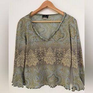 Y2K INC  Paisley Babydoll Blouse M Green Boho Bell Dress Top